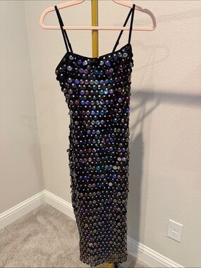 New York & Company Black Iridescent Sequin Midi Slip Dress XS Party Cocktail